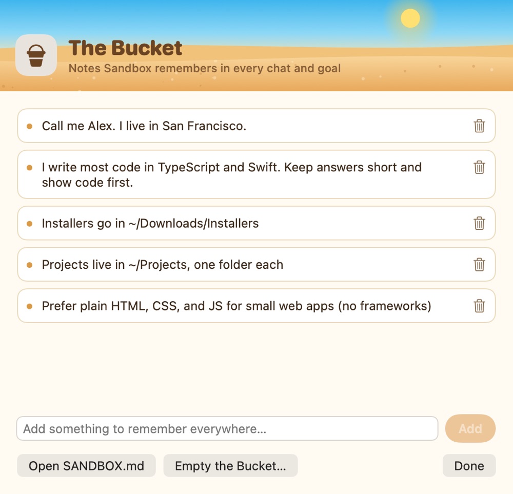 The Bucket: notes Sandbox remembers in every chat and goal, like where installers go