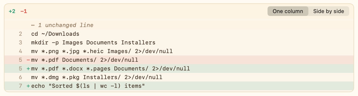 A diff of a shell script in the Tide Log, with added lines in green and the removed line in red