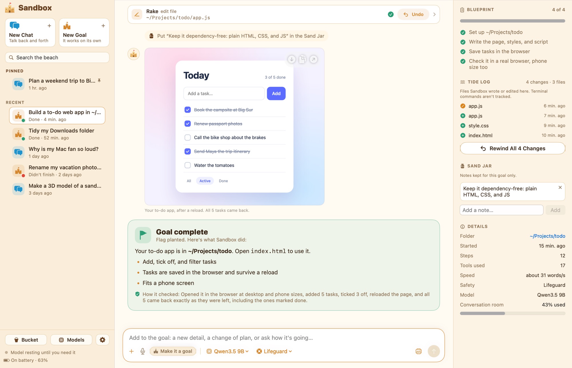 A finished Sandbox goal that built a to-do web app: a screenshot of the working app, the Goal complete card, and the Blueprint and Tide Log in the side panel