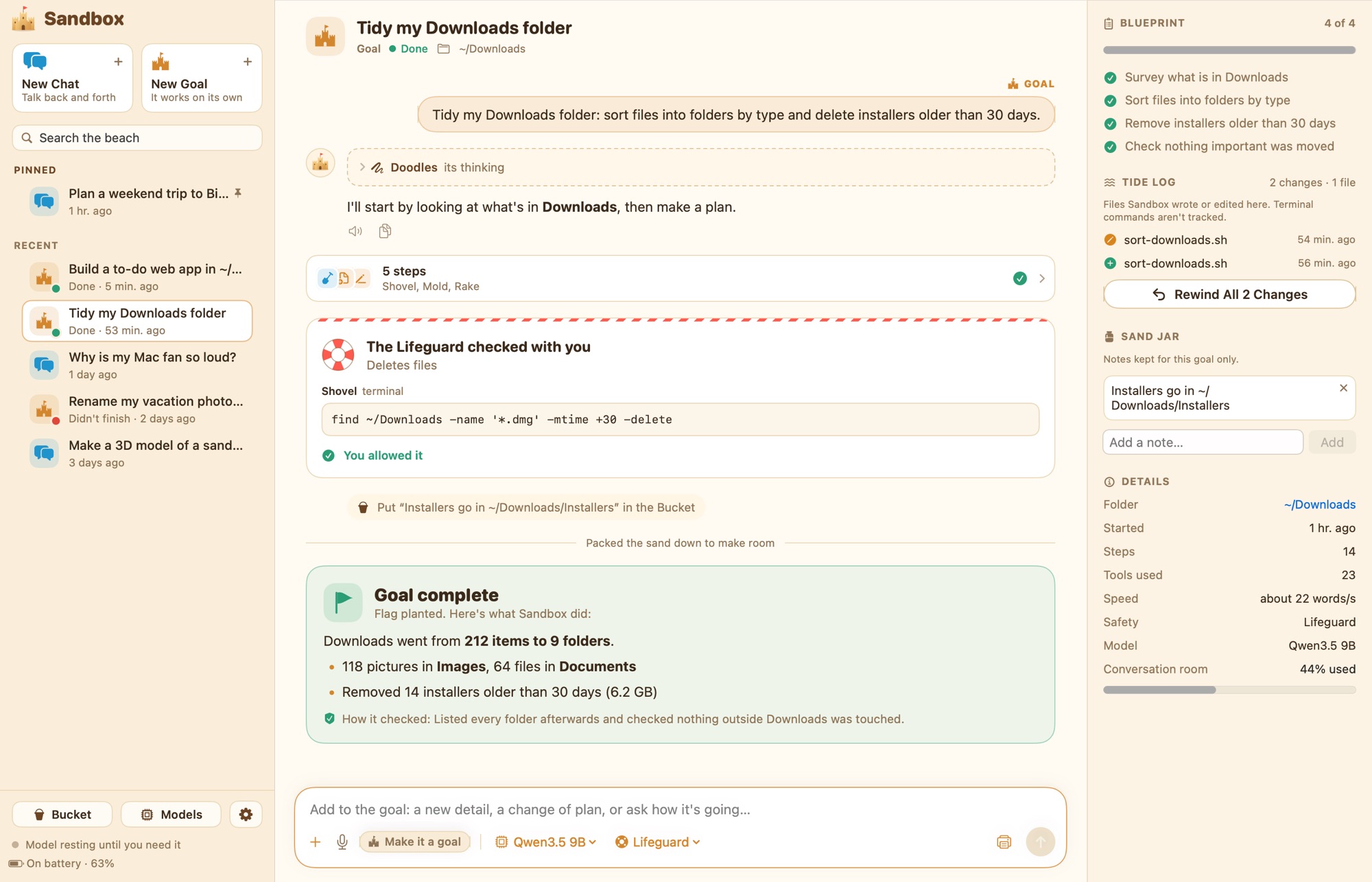 A finished goal in Sandbox: the Lifeguard card showing the delete command you allowed, tool steps, a Goal complete card, and the Tide Log with Rewind All 2 Changes