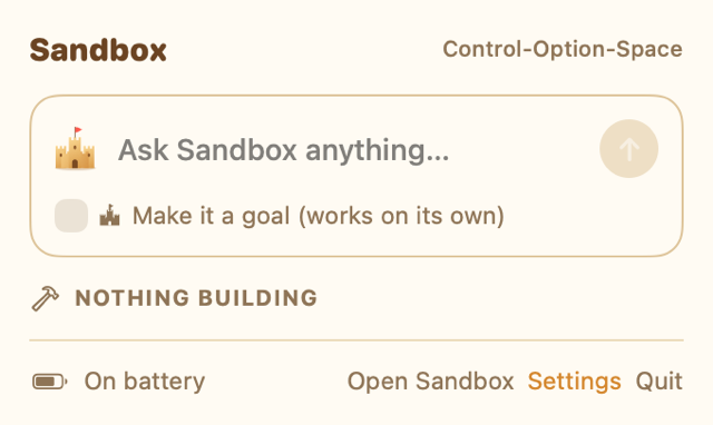 Sandbox's menu bar panel with a message box and the build status