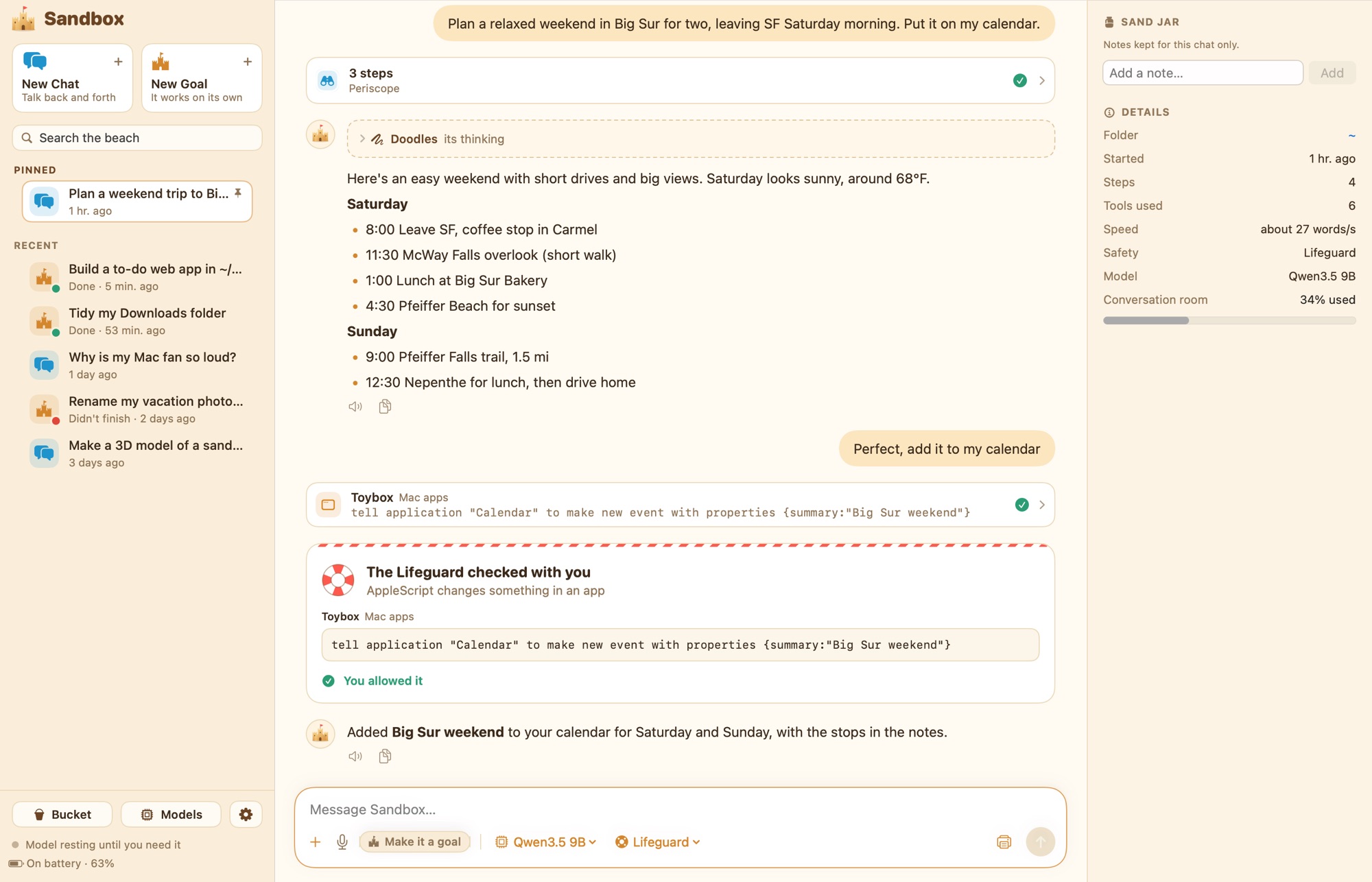 A Sandbox chat planning a weekend in Big Sur: it browsed three pages, wrote an itinerary, then asked the Lifeguard before adding events to Calendar